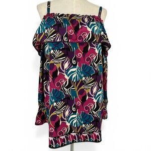 I.c.e Womens Cold Shoulder Tropical Leaf Print Ruffle Top Purple Teal Lg Silky
